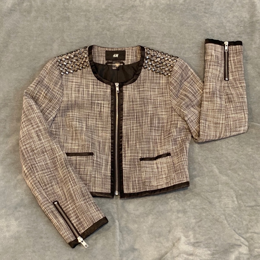 Tweed Crop Blazer with Studded Detail on Shoulders
